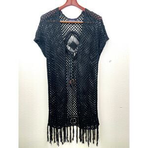 Artesia Womens Top Sz L Crochet Fringe Beaded Sheer Whimsigoth Boho Hippie Witch